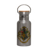 Stainless steel metallic thermos flask, silver with a bamboo lid, double-walled, 350ml.