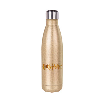 Harry potter movie, Μεταλλικό παγούρι θερμός Glitter χρυσό (Stainless steel), διπλού τοιχώματος, 500ml