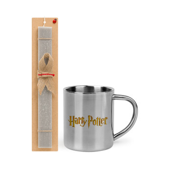 Harry potter movie, Easter Set, metallic thermal cup (300ml) & Easter aromatic flat candle (30cm) (GRAY)