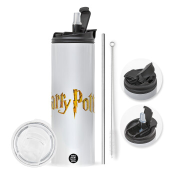 Harry potter movie, Travel Tumbler θερμό με διπλό καπάκι, μεταλλικό καλαμάκι και βούρτσα καθαρισμού (Ανωξείδωτο 304 Food grade, BPA free, 600ml)