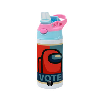 Among US VOTE, Children's hot water bottle, stainless steel, with safety straw, Pink/BlueCiel (360ml) BPA FREE