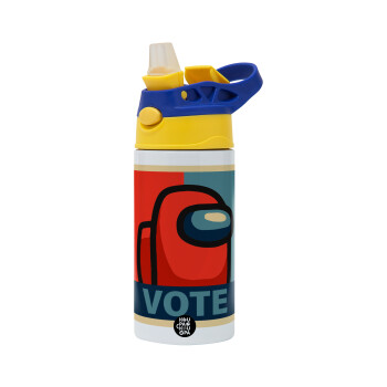 Among US VOTE, Children's hot water bottle, stainless steel, with safety straw, green, blue (360ml) BPA FREE