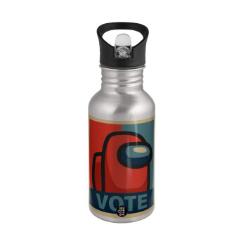 Among US VOTE, Water bottle Silver with straw, stainless steel 500ml