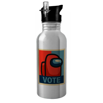 Among US VOTE, Water bottle Silver with straw, stainless steel 600ml