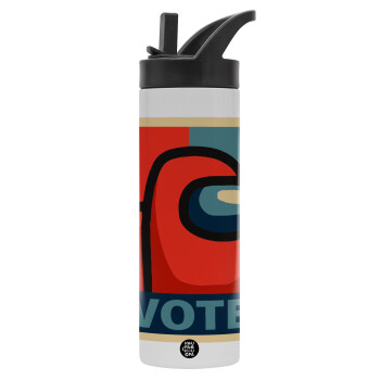 Among US VOTE, Μεταλλικό παγούρι θερμός με καλαμάκι & χειρολαβή, ανοξείδωτο ατσάλι (Stainless steel 304), διπλού τοιχώματος, 600ml