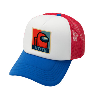 Among US VOTE, Adult Soft Trucker Hat with Red/Blue/White Mesh (POLYESTER, ADULT, UNISEX, ONE SIZE)