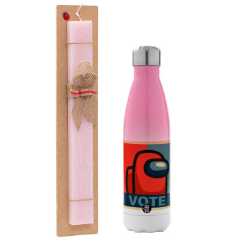 Among US VOTE, Easter Set, Metallic pink/white (Stainless steel) thermos, double-walled, 500ml & aromatic flat Easter candle (30cm) (PINK)