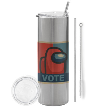 Among US VOTE, Tumbler stainless steel Silver 600ml, with metal straw & cleaning brush