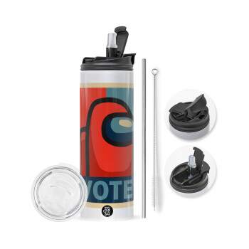 Among US VOTE, Travel Tumbler θερμό με διπλό καπάκι, μεταλλικό καλαμάκι και βούρτσα καθαρισμού (Ανωξείδωτο 304 Food grade, BPA free, 600ml)