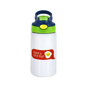 Have a nice day Emoji, Children's hot water bottle, stainless steel, with safety straw, green, blue (350ml)