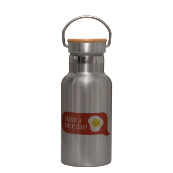 Have a nice day Emoji, Stainless steel metallic thermos flask, silver with a bamboo lid, double-walled, 350ml.