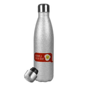 Have a nice day Emoji, Μεταλλικό παγούρι θερμός Glitter Aσημένιο (Stainless steel), διπλού τοιχώματος, 500ml