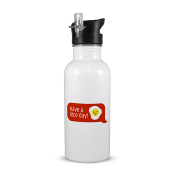 Have a nice day Emoji, White water bottle with straw, stainless steel 600ml