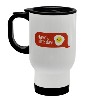 Have a nice day Emoji, Stainless steel travel mug with lid, double wall white 450ml