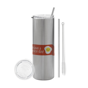 Have a nice day Emoji, Eco friendly stainless steel Silver tumbler 600ml, with metal straw & cleaning brush