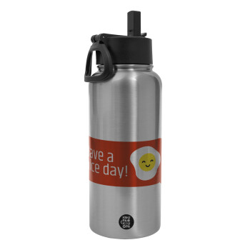 Have a nice day Emoji, Metal mug thermo Silver with Straw and Spout Lid (Stainless steel), double wall, 950ml