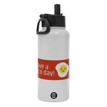 Have a nice day Emoji, Metal mug thermo White with Straw and Spout Lid (Stainless steel), double wall, 950ml