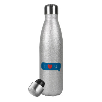 I Love You text message, Metallic Glitter Silver Thermos Flask (Stainless steel), double-walled, 500ml