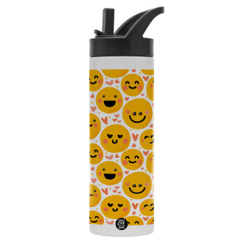 Emojis Love, Metallic thermos bottle with straw & handle, stainless steel (Stainless steel 304), double-walled, 600ml.