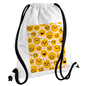 Emojis Love, Τσάντα πλάτης πουγκί GYMBAG λευκή, με τσέπη (40x48cm) & χονδρά κορδόνια