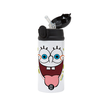 SpongeBob SquarePants smile, Children's hot water bottle, stainless steel, with safety straw, Black (360ml) BPA-FREE