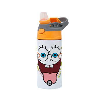 SpongeBob SquarePants smile, Children's hot water bottle, stainless steel, with safety straw, Orange/Grey (360ml) BPA-FREE