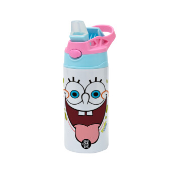 SpongeBob SquarePants smile, Children's hot water bottle, stainless steel, with safety straw, Pink/BlueCiel (360ml) BPA FREE