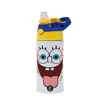 SpongeBob SquarePants smile, Children's hot water bottle, stainless steel, with safety straw, green, blue (360ml) BPA FREE