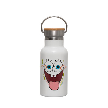 SpongeBob SquarePants smile, Μεταλλικό παγούρι θερμός (Stainless steel) Λευκό με ξύλινο καπακι (bamboo), διπλού τοιχώματος, 350ml