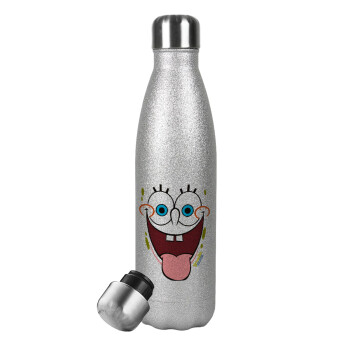 SpongeBob SquarePants smile, Μεταλλικό παγούρι θερμός Glitter Aσημένιο (Stainless steel), διπλού τοιχώματος, 500ml