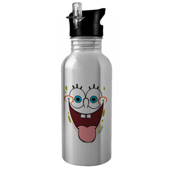 SpongeBob SquarePants smile, Water bottle Silver with straw, stainless steel 600ml