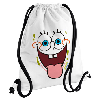 SpongeBob SquarePants smile, Τσάντα πλάτης πουγκί GYMBAG λευκή, με τσέπη (40x48cm) & χονδρά κορδόνια