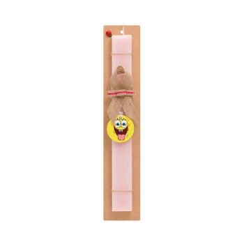 SpongeBob SquarePants smile, Easter Set, wooden keychain & scented flat Easter candle (30cm) (PINK)