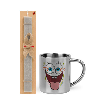 SpongeBob SquarePants smile, Easter Set, metallic thermal cup (300ml) & Easter aromatic flat candle (30cm) (GRAY)