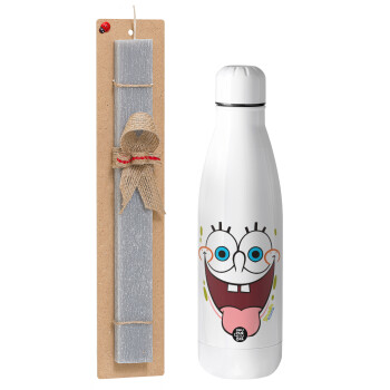 SpongeBob SquarePants smile, Easter Set, metallic Inox water bottle (700ml) & Easter scented flat candle (30cm) (GRAY)