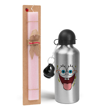 SpongeBob SquarePants smile, Easter Set, metallic Silver aluminum water bottle (500ml) & scented flat Easter candle (30cm) (PINK)