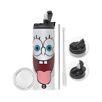 SpongeBob SquarePants smile, Travel Tumbler 2 Lids, with metal straw & cleaning brush (Stainless steel 304 Food grade, BPA free, 600ml)