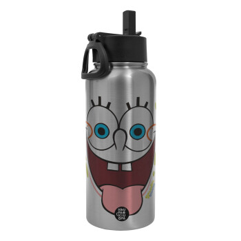 SpongeBob SquarePants smile, Metal mug thermo Silver with Straw and Spout Lid (Stainless steel), double wall, 950ml