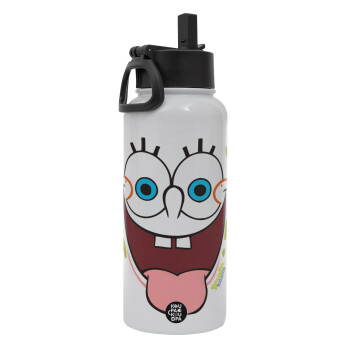 SpongeBob SquarePants smile, Metal mug thermo White with Straw and Spout Lid (Stainless steel), double wall, 950ml