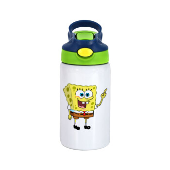 SpongeBob SquarePants character, Children's hot water bottle, stainless steel, with safety straw, green, blue (350ml)