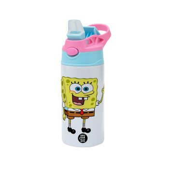 SpongeBob SquarePants character, Children's hot water bottle, stainless steel, with safety straw, Pink/BlueCiel (360ml) BPA FREE