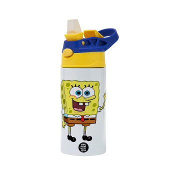 SpongeBob SquarePants character, Children's hot water bottle, stainless steel, with safety straw, green, blue (360ml) BPA FREE