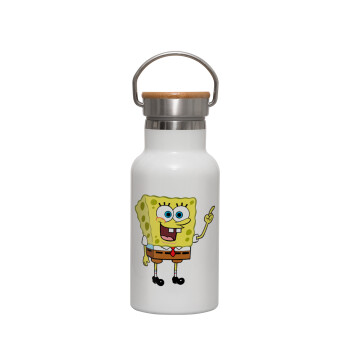 SpongeBob SquarePants character, Μεταλλικό παγούρι θερμός (Stainless steel) Λευκό με ξύλινο καπακι (bamboo), διπλού τοιχώματος, 350ml