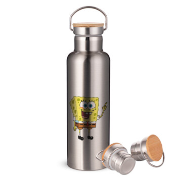 SpongeBob SquarePants character, Stainless steel Silver with wooden lid (bamboo), double wall, 750ml