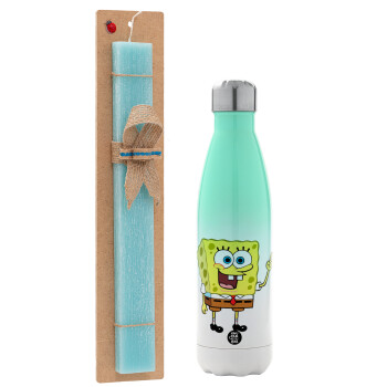 SpongeBob SquarePants character, Easter Set, Metallic green/white thermos (Stainless steel), double-walled, 500ml & scented flat Easter candle (30cm) (TURQUOISE)