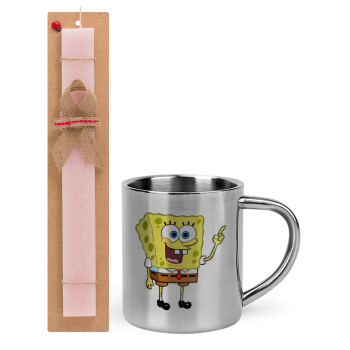 SpongeBob SquarePants character, Easter Set, metallic thermal cup (300ml) & aromatic flat Easter candle (30cm) (PINK)