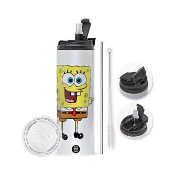 SpongeBob SquarePants character, Travel Tumbler 2 Lids, with metal straw & cleaning brush (Stainless steel 304 Food grade, BPA free, 600ml)