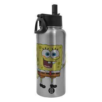 SpongeBob SquarePants character, Metal mug thermo Silver with Straw and Spout Lid (Stainless steel), double wall, 950ml