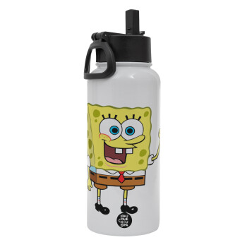 SpongeBob SquarePants character, Metal mug thermo White with Straw and Spout Lid (Stainless steel), double wall, 950ml