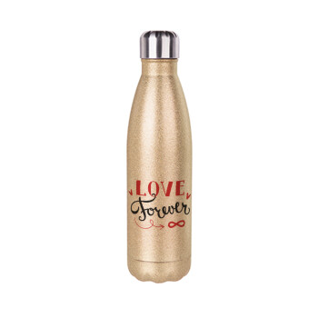 Love forever ∞, Glitter gold stainless steel thermos bottle, double-walled, 500ml